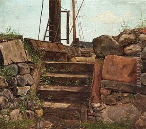 Stensaetning Ved En Kaj Oil Painting - Emanuel Larsen