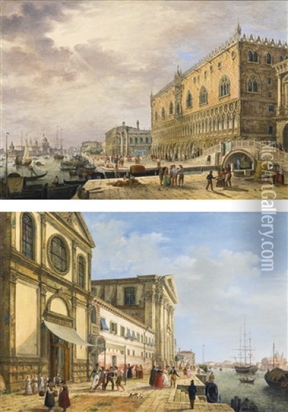 Venice, A View Of The Molo Looking West With The Palazzo Ducale, The Biblioteca And Santa Maria Della Salute In The Distance; Venice, A View Of The Zattere Oil Painting - Ippolito Caffi