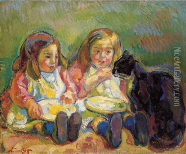 The Artist's Two Children Oil Painting - Nicolas Tarkhoff