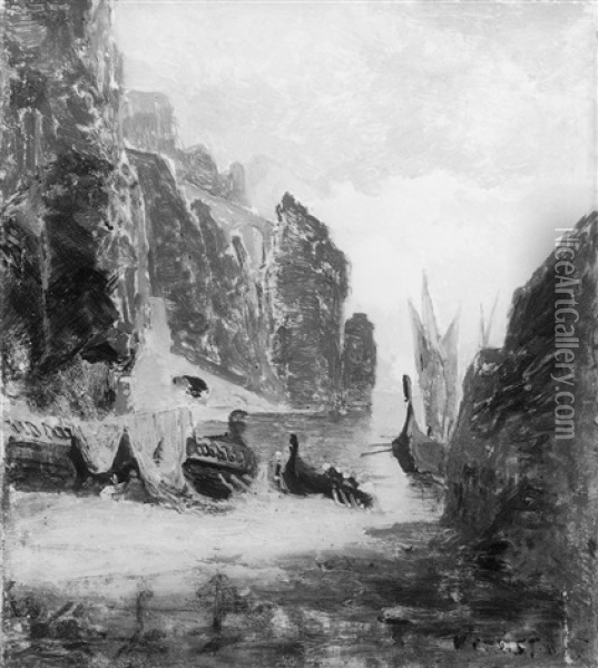 Orientalische Felsenkuste Mit Zwei Am Ufer Liegenden Galeeren Und Zeltlager Oil Painting - Rudolf Ernst