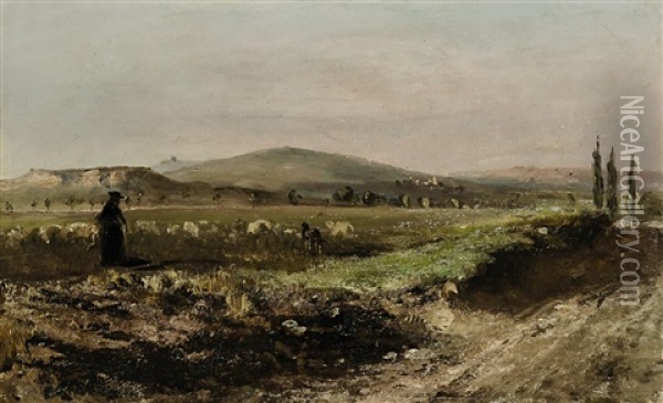 Landschaft Mit Schafer Und Seiner Herde Oil Painting - Ludwig Gustav Voltz