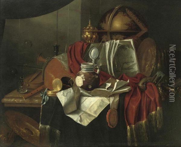 Gijsbrechts Musical Instruments, A Globe, A Watch, Books, A Stoneware Ewer,documents, A Wineglass, A Horne And Various Other Objects On Apartly Draped Oil Painting - Franciscus Gysbrechts