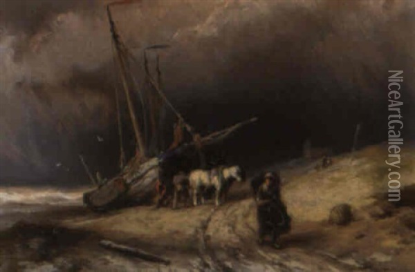 A Moored Vessel On The Beach By Stormy Weather Oil Painting - Johannes Hermanus Barend Koekkoek