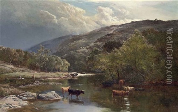 Cattle Watering In The River Lyn, North Devon Oil Painting - Sidney Richard Percy