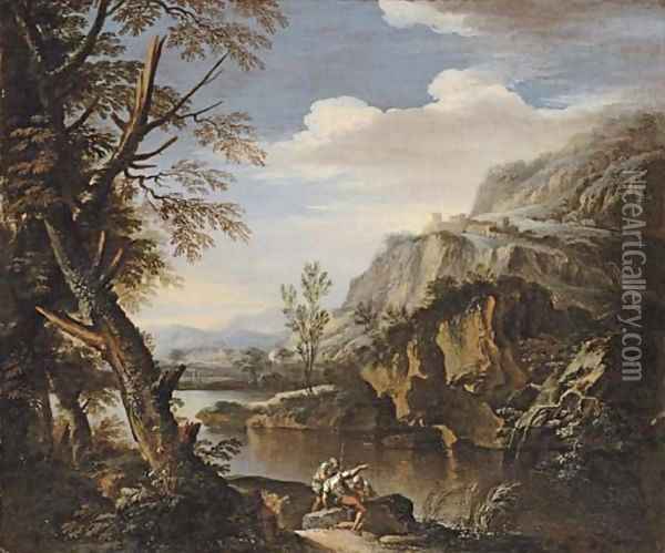 A mountainous wooded landscape with soldiers on a river bank Oil Painting - Salvator Rosa