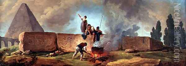 Gypsies Boiling a Cauldron among Egyptian Ruins Oil Painting - Hubert Robert