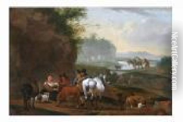Herdsmen And Cattle Resting Before A River Landscape Oil Painting - Nicolaes Berchem
