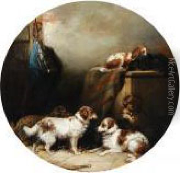 Dogs In A Stable Interior Oil Painting - George Armfield