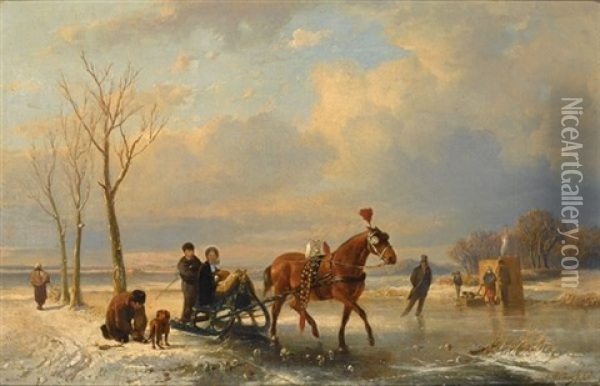 A Winter Landscape With Figures On A Sleigh, A Koek En Zopie In The Background Oil Painting - Anton Mauve