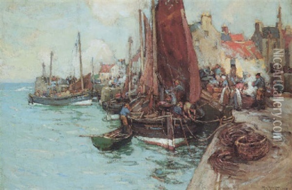 An East Neuk Harbour Oil Painting - William Watt Milne