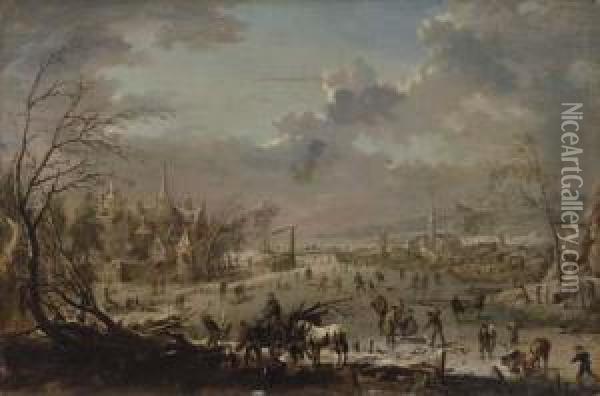 A Winter Landscape With Villagers Skating On A Frozen River Oil Painting - Jan Pieter Van Bredael I