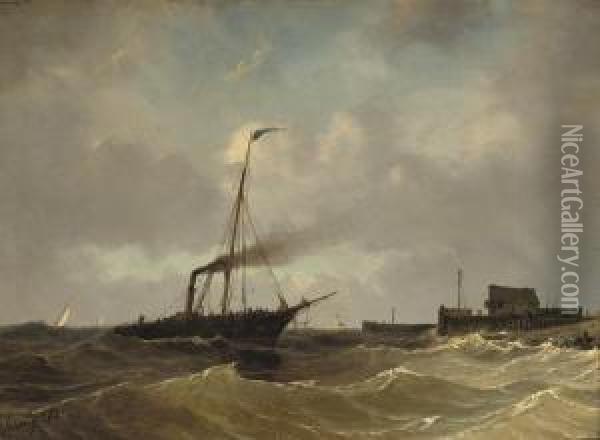 A Steamboat On A Choppy Sea Oil Painting - Petrus Paulus Schiedges