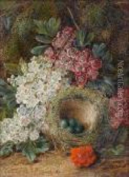 Fruit On A Mossy Bank; Flowers And A Bird's Nest On A Mossy Bank Oil Painting - George Clare