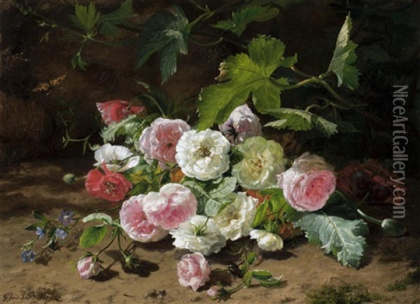 Pink And White Roses In The Forest With A Butterfly On The Left Oil Painting - Gerardina Jacoba van de Sande Bakhuyzen