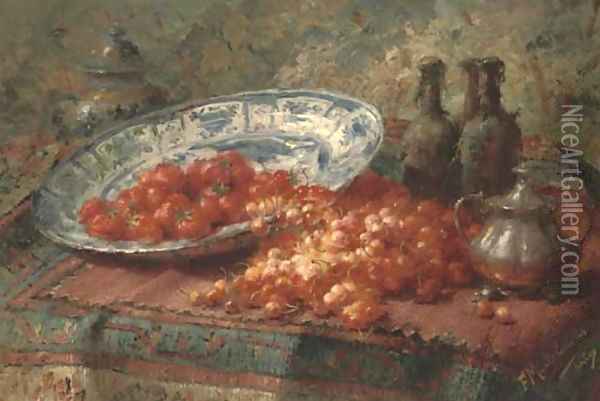 Stawberries in a delft bowl with cherries on a table Oil Painting - Frans Mortelmans