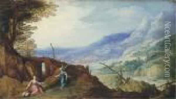 An Extensive Mountainous Landscape With An Angel Appearing Tohagar Oil Painting - Joos De Momper