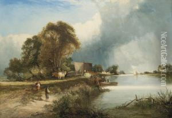 A Busy Day Along The River Oil Painting - Edward Charles Williams