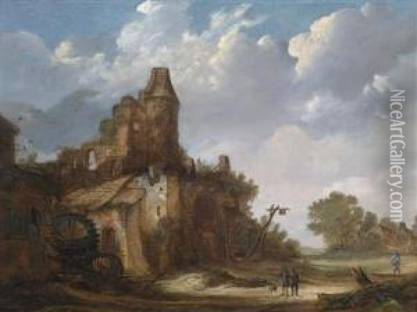Travellers In A Landscape With Castle Ruins And A Watermill Oil Painting - Roelof van Vries