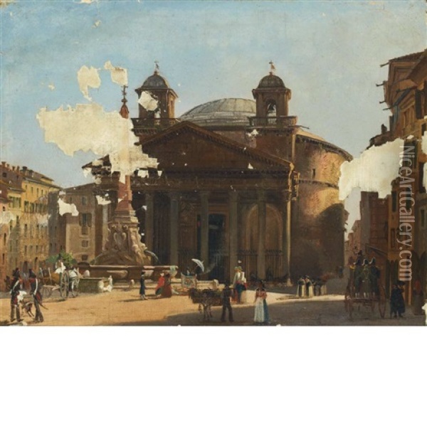 A View Of The Pantheon, Rome Oil Painting - Ippolito Caffi