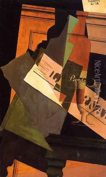 Bottle, Glass and Newspaper Oil Painting - Juan Gris