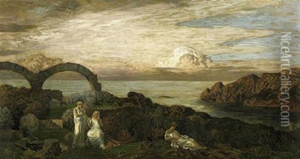 Trois Graces Dans Un Paysage Avec Ruines Antiques Oil Painting - Emile Rene Menard