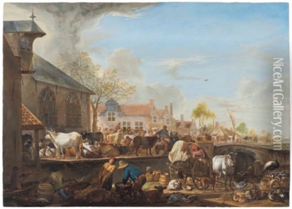 A Cattle Market By A Canal On The Outskirts Of A Town Oil Painting - Cornelis Saftleven