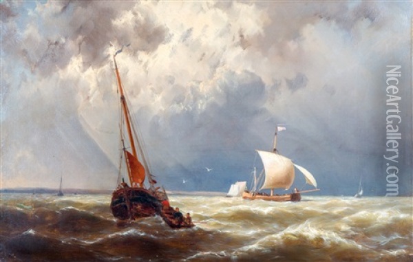 Sailing Vessels In Choppy Waters Oil Painting - Johannes Hermanus Koekkoek