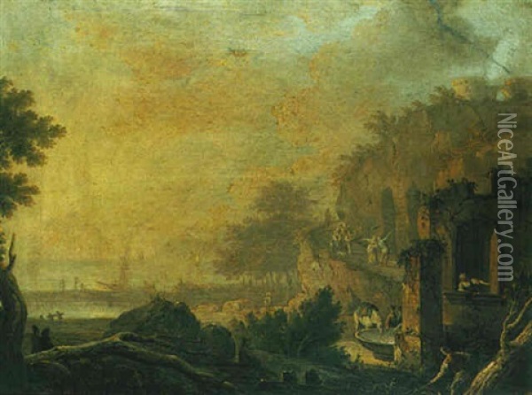 A Landcape With Figures Among Ruins And A Harbour Beyond Oil Painting - Pietro Fabris