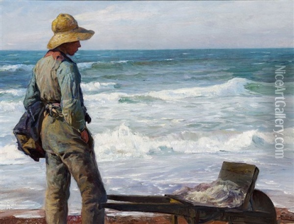 A Young Fisherman With His Wheelbarrow At The Beach Oil Painting - Knud Erik Larsen
