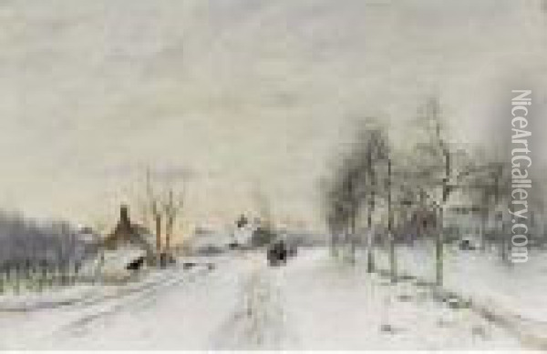 A Winter Landscape With Travellers On A Path Oil Painting - Louis Apol