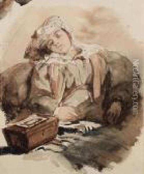 Study Of A Young Lady Sleeping (recto) And Study Of A Young Womanwearing A Hat (verso) Oil Painting - Richard Parkes Bonington