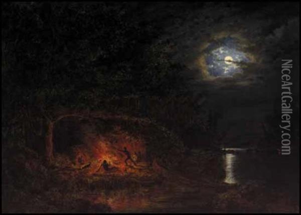 In Camp At Night Oil Painting - Cornelius David Krieghoff