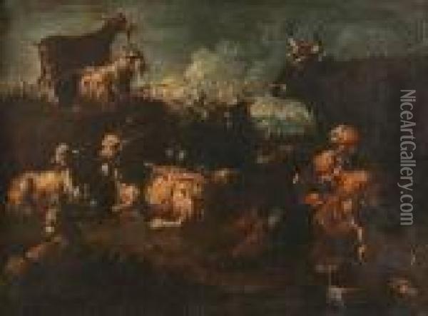 Shepherd With Goats And Bull Oil Painting - Philipp Peter Roos