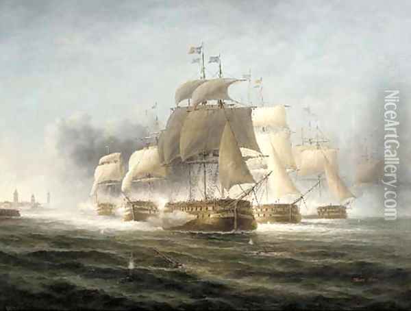 A Naval engagement off the Dutch coast Oil Painting - James Hardy Jnr