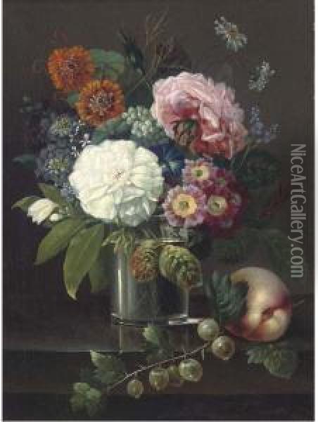 Roses, Marigolds, Daisies, Primroses And Other Summer Blooms In A Glass By A Peach And A Sprig Of Gooseberries Oil Painting - Johann Carl Smirsch