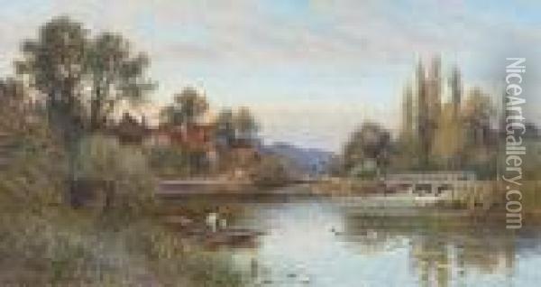 Idyllic River Landscape With Figure In A Punt Oil Painting - Alfred Augustus Glendening