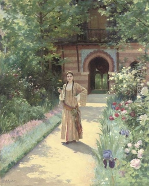 Girl In A Turkish Garden Oil Painting - Albert Aublet