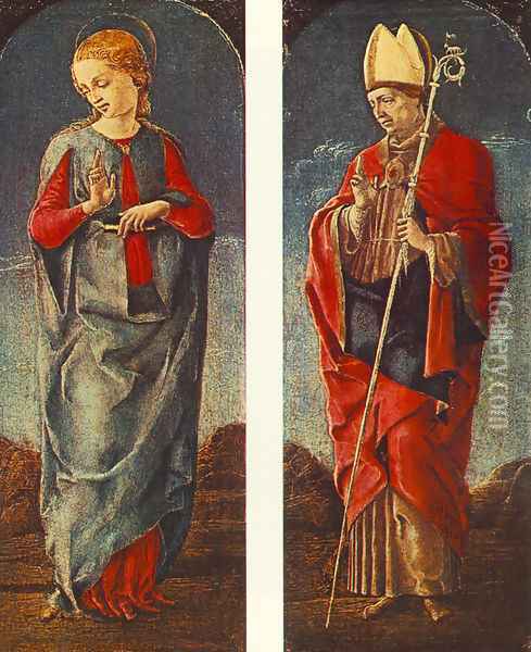 Virgin Announced and St Maurelio (panels of a polyptych) c. 1475 Oil Painting - Cosme Tura