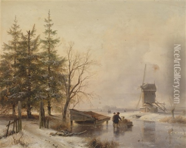 Hollandische Winterlandschaft Mit Schlittschuhlaufern Oil Painting - Andreas Schelfhout
