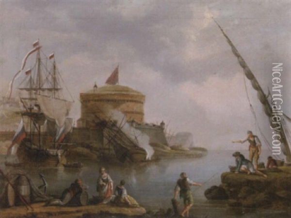 A Capriccio Landscape With Figures In The Foreground And Battleships By A Fortress Beyond Oil Painting - Charles Francois Lacroix