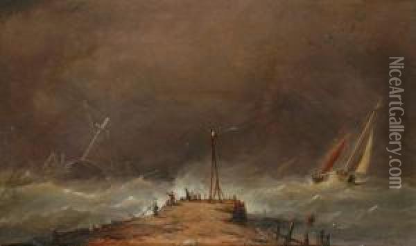 Ships In A Storm Oil Onboard 
Signed Lower Right 27 X 45 Cm Provenance: Private Collectionsweden Oil Painting - H. Forrest