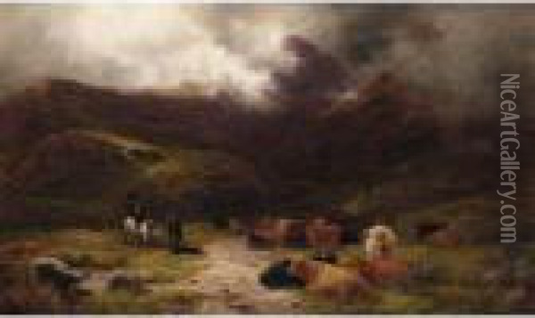Highland Cattle And Drovers In A Glen Oil Painting - Louis Bosworth Hurt