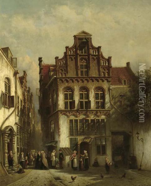 A Townscene With Figures Conversing Oil Painting - Pieter Gerard Vertin