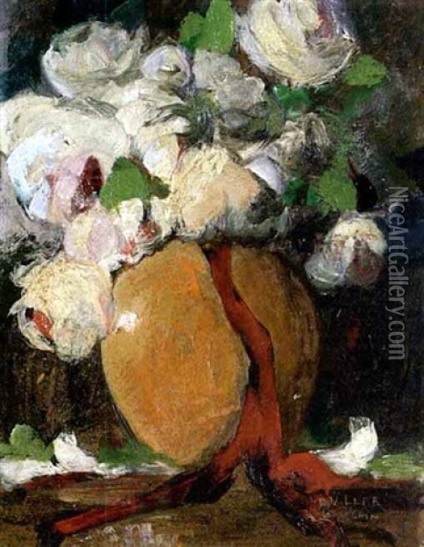 Weise Rosen In Einer Vase Mit Rotem Band Oil Painting - Anton Mueller-Wischin