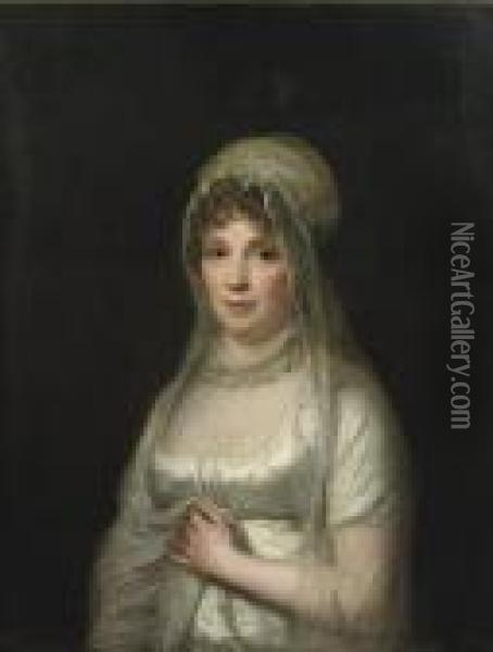 Portrait Of A Lady, Said To Be 
Lady Von Binzer, Half-length, In Awhite Dress And A White Headdress And 
Veil Oil Painting - Jens Juel