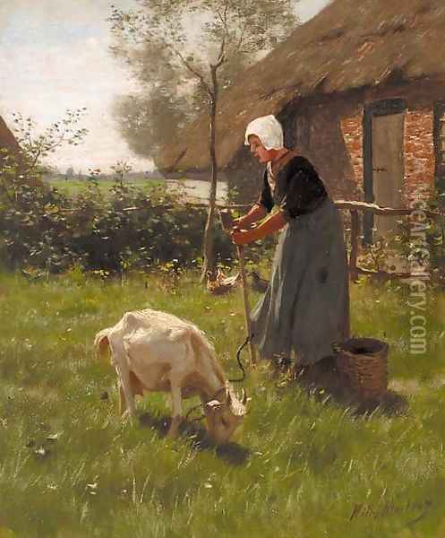 A farmer's wife tending to the livestock Oil Painting - Willy Martens
