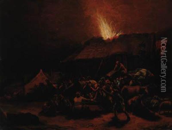 A Night Scene With Soldiers Looting A Village Oil Painting - Egbert van der Poel