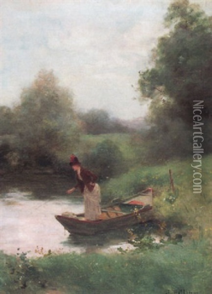 Elegante Anglerin In Ruderboot Am Ufer Oil Painting - Jules Frederic Ballavoine