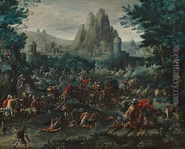 Battle Scene With A Mountainous Landscape Beyond Oil Painting - Marten van Valkenborch the Elder
