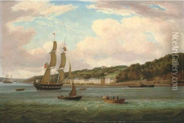 View Of Passage West On The River Lee, Co. Cork With Monkstown Castle In The Distance, A Mail Boat Arriving In The Foreground Oil Painting - George Atkinson